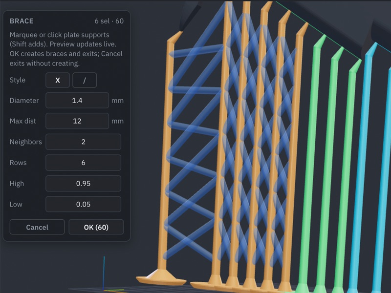 Brace tool preview with X-cross links between selected plate supports
