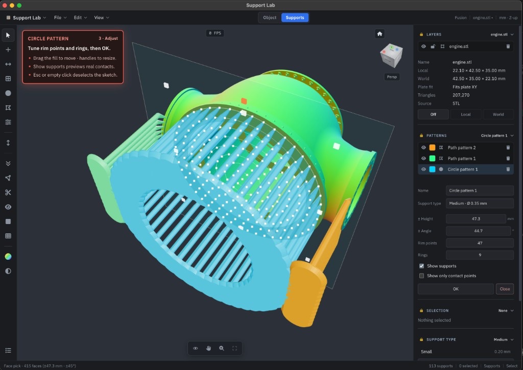 Circle support pattern being adjusted on a part face