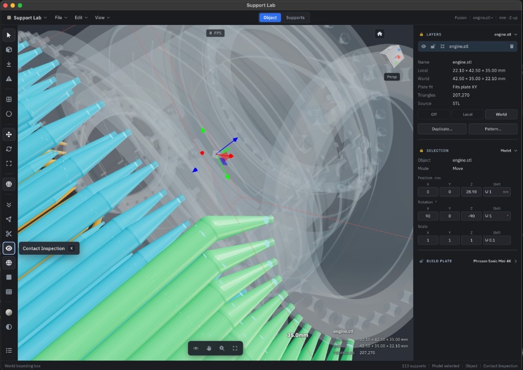 Contact inspection mode with transparent model and highlighted contact footprints