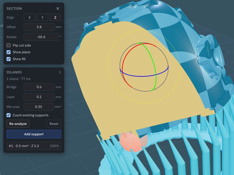 Island analysis with section plane and a marked unsupported island