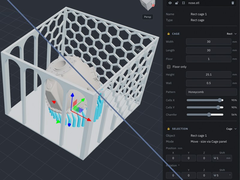 Rectangular print cage with honeycomb walls around a supported model