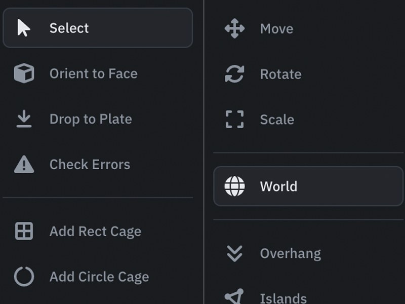 Tool rail with Select active alongside orient, transform, and analysis tools