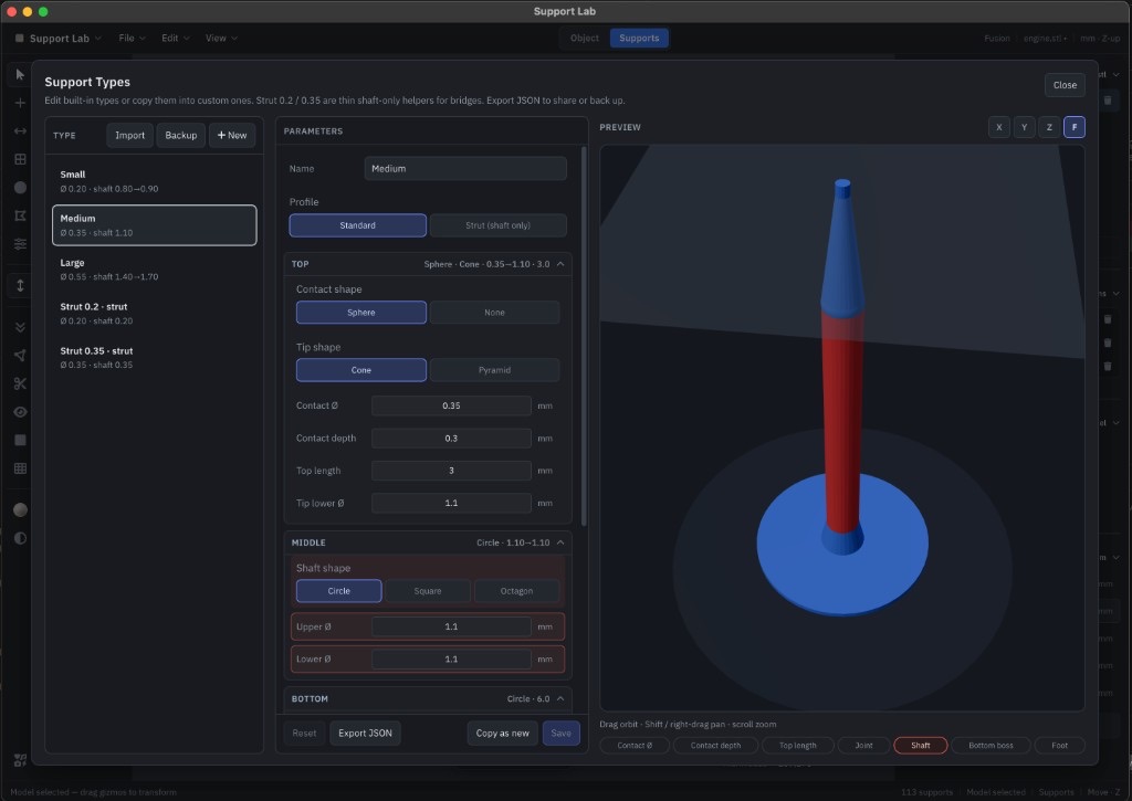 Support Types editor with parametric tip, shaft, and foot preview