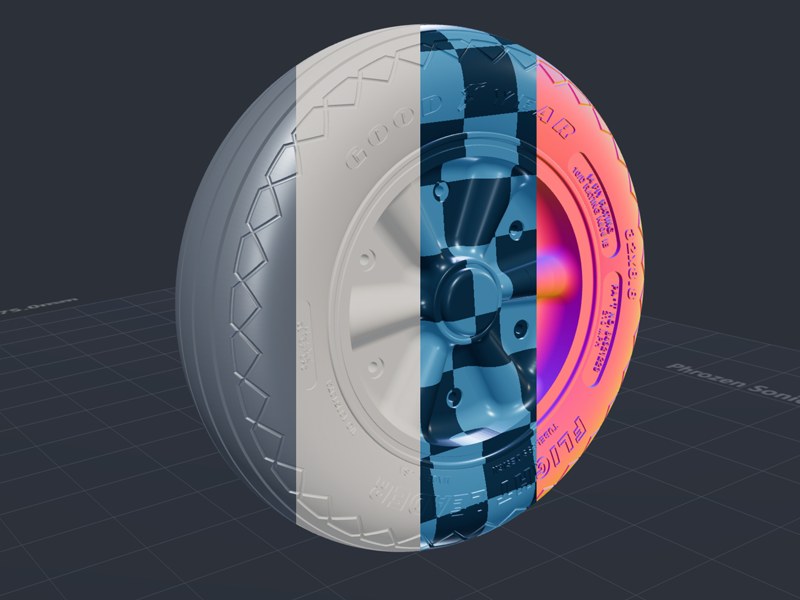 Same tire shown in clay, lit, checker, and normal-shading materials