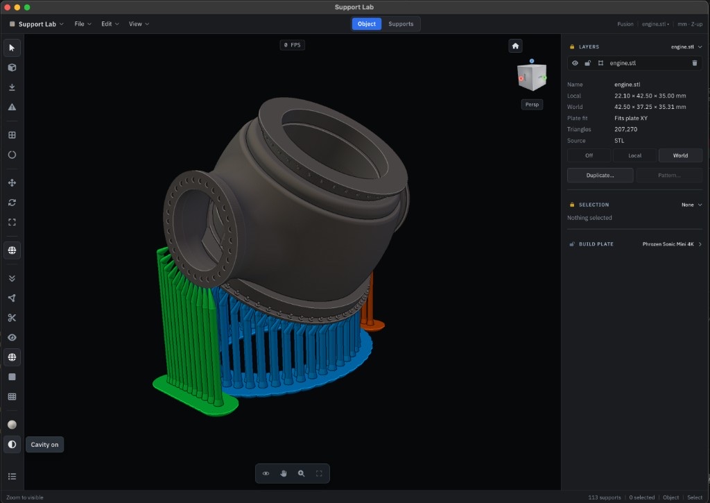 Supported engine STL on a Phrozen Sonic Mini 4K build plate
