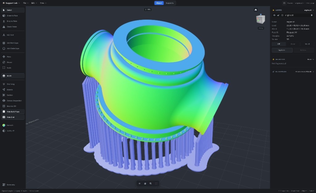 Support Lab workspace with a supported model, normal shading, and dense plate supports
